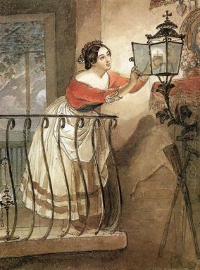 Italiensk kvinna Blixt En lampa framför bilden av Madonna