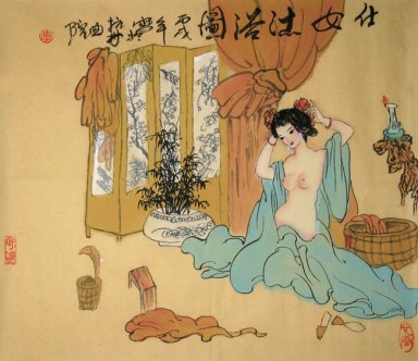Gadis Mengambil Mandi-Xizhao - Lukisan Cina
