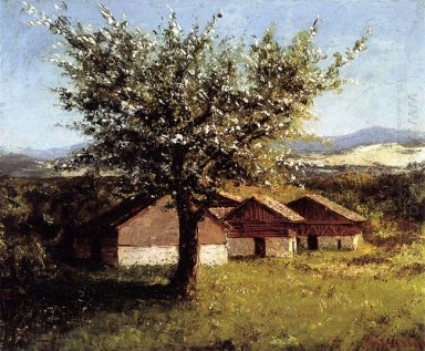 Swiss Landscape With Flowering Apple Tree