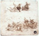 Página de um caderno Mostrando Figuras de combate a cavalo e de
