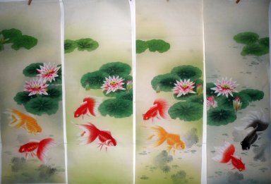 Fish & Lotus (quatro telas) - Pintura Chinesa
