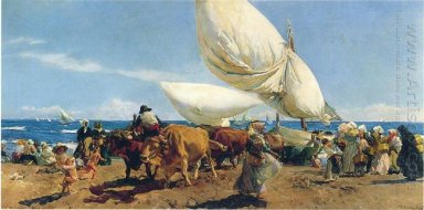 Arrivo della barche da pesca sulla spiaggia di Valencia 1898