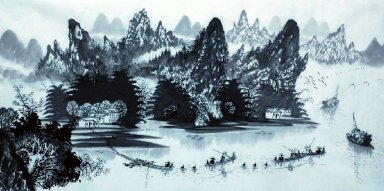 Лодки на берегу озера - китайской живописи