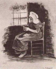 Mulher descascando batatas perto de uma janela 1881