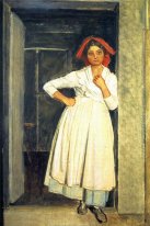 Uma menina de Albano em pé na porta