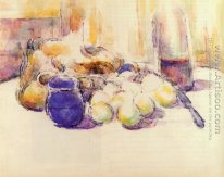 Blue Pot och en flaska vin Aka Stilleben med päron och äpplen