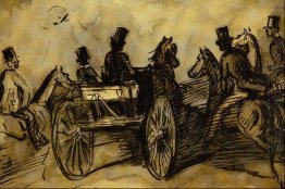 Transporte e três cavalheiros em cavalos