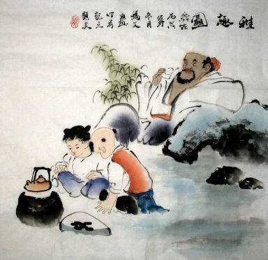 Penyair Dan Dua Anak-Shiren - Lukisan Cina
