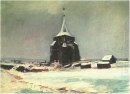 Старое кладбище башня в Нюэнене в снегу 1885