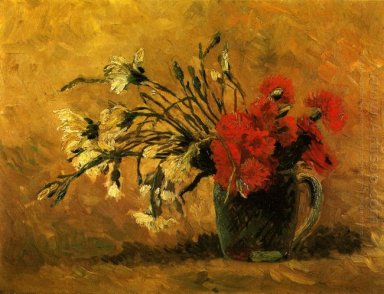 Vase avec les oeillets rouges et blancs sur un fond jaune 1886