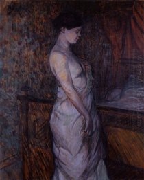 Kvinna i en Chemise står vid ett Bed Madame Poupoule 1899