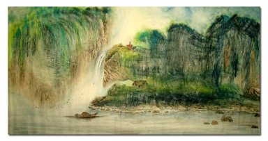 Boot,waterval,temple - Chinees schilderij