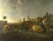 Une vue lointaine de Dordrecht avec une laitière et quatre vache