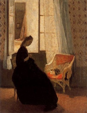 Mujer que cose en una ventana