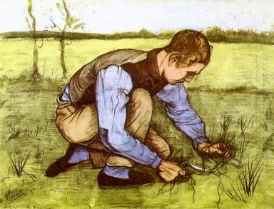 Bita gräs för pojke med en skära 1881