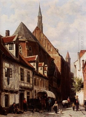 Een Drukke straat In Bremen Met De Saint Johann Kerk aan de acht