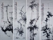 Merlin, Bambu Dan Bunga Krisan-Fourinone - Lukisan Cina