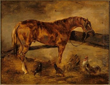 Study For Horse Turned Right With Three Hens And A Rooster