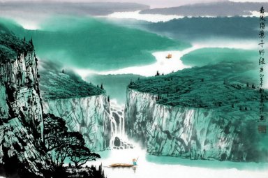 Bergen, rivier, waterval - Chinees schilderij