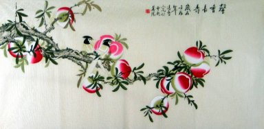Peach & Burung - Lukisan Cina
