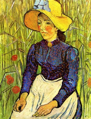 Young Peasant Flicka i en Straw Hat sitter framför en Wheatfie