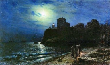 Noche iluminada por la luna en el mar
