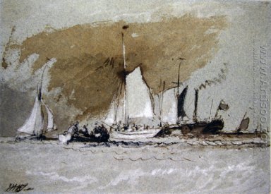 Barcos de pesca en el mar, a bordo de un vapor de la isla de Wig