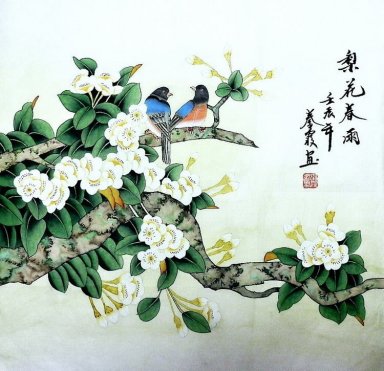 Pear & Birds - Pittura cinese