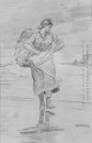Een Fisher Meisje op Strand (schets voor een afbeelding van "De