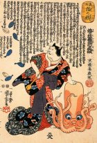 A Cat Dressed As A Woman Tapping The Head Of An Octopus