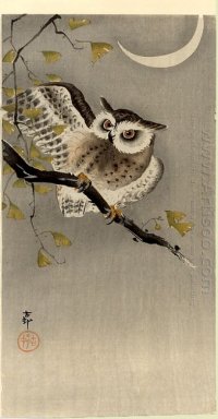 Owl on ginkgo branch (Scops owl under crescent moon)
