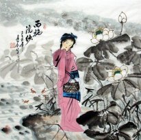 Mooie dame, bloemen - Chinees schilderij