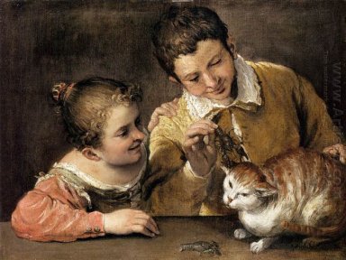 deux enfants taquiner un chat 1590