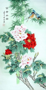 Peony & Bambu & Burung - Lukisan Cina