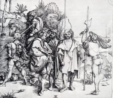 fünf Landsknechte und eine orientalische zu Pferd 1495