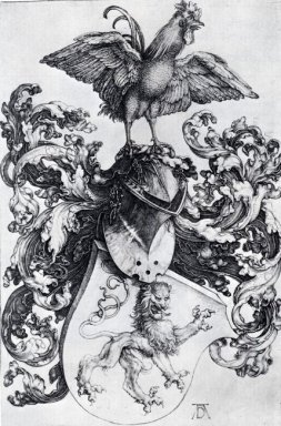 Wappen mit Löwe und Hahn 1500