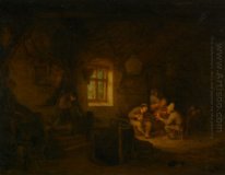 Um Interior Tavern com camponeses bebendo sob uma janela