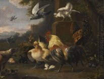 Un'aquila, un Cockerell, galline, un piccione in volo e altri uc