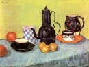 Ainda vida com Coffeepot azul do esmalte faiança e Fruit 1888
