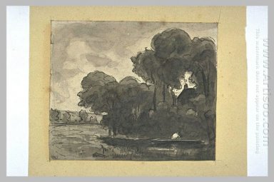 Båt på en flod kantad med träd