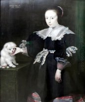Porträtt av en elva år gammal flicka med en hund, klädd i Spani