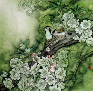 Dubbele Vogel op de branchese - Chinees schilderij