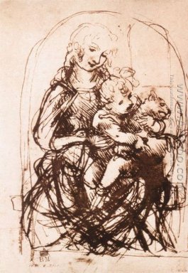 Studie av Madonna och barn med en katt