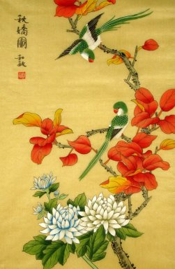 Birds & feuilles rouges - peinture chinoise