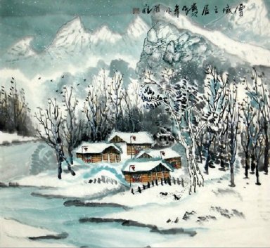 Village in the snow - Pintura Chinesa