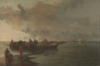 Une barge avec un soldat blessé