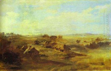 Paesaggio con contadini S capanne e stagno vicino St Petersburg