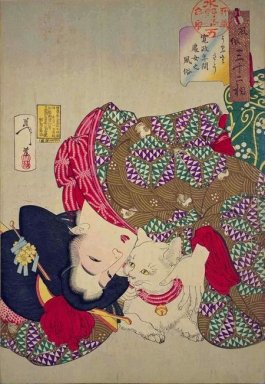 Una joven de Kansei Período jugando con su gato