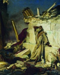 Cry Of profeten Jeremia på ruinerna av Jerusalem på en bibel Sub
