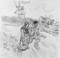 Par Arm i arm och andra figurer med en väderkvarn i Backg
